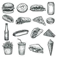 Fast food sketch. Pizza, donut and ice cream, french fries and hamburger. Taco, cola and hot dog, burrito and cheeseburger vector doodle set