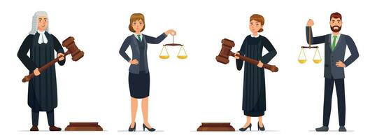 Judges and lawyers. Judge holding hammer and lawyer with scales of justice. Judicial workers, law cartoon vector illustration set