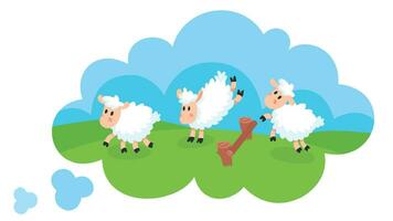 Jumping sheep in cloud. Animal bouncing over fence on meadow. Counting sheep to sleep in thought. Insomnia or sleeping problems. vector