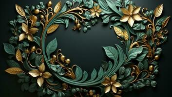 AI generated Gold leaf embellishments on an aged green wall, eid and ramadan images photo