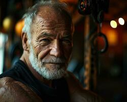 AI generated Grandpa staying healthy at the fitness center, active seniors lifestyle images photo