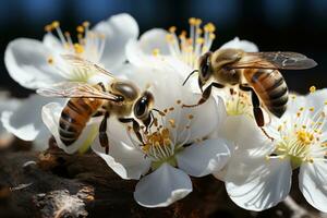 ai generado abejas y flores en vital polinización, primavera sesión fotos