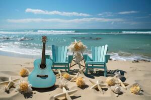 ai generado estrella de mar arenoso orilla y vistoso tablas de surf, relajante verano escena foto