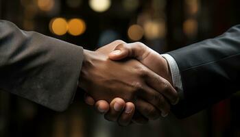 ai generado exitoso gente de negocios compartir un apretón de manos en acuerdo, negocio reunión imagen foto