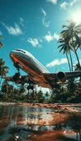 AI generated Airplane in the sky against a backdrop of palm trees and beach, relaxing summer scene photo