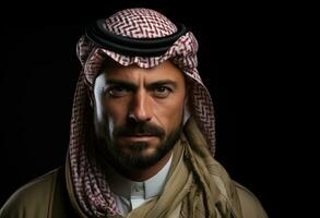 AI generated Arab man in classic attire against a black canvas, eid and ramadan images photo