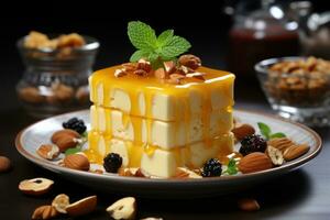 AI generated A sweet treat featuring a golden dessert crowned with nuts for added flavor, eid and ramadan images photo