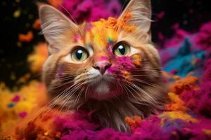 AI generated Close up of pet in holi powders, holi festival image download photo