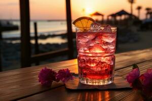 AI generated Savoring a refreshing cocktail on a wooden table at sunset, best summer image photo