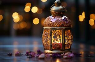 AI generated Exquisite gold lantern featuring intricate carvings set against a luxurious purple and silver background, eid and ramadan images photo