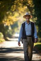 AI generated Elderly gentleman walking with a hat, happy active seniors images photo