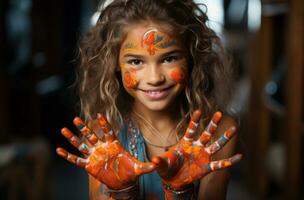 ai generado joven niña adorna manos con vistoso pinturas, holi festival imagen descargar foto