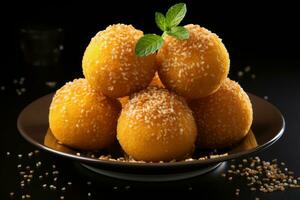 AI generated Three laddu treats arranged for a tempting display, eid and ramadan images photo