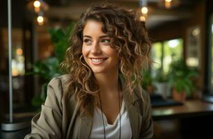 AI generated Businesswoman exuding confidence as she navigates her laptop with a smile, business meeting image photo