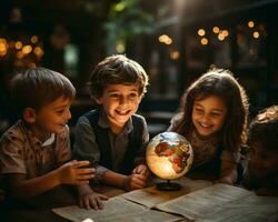 ai generado profesor y niños colaborar en estudiando alrededor un global esfera, educativo foto