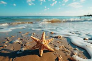 AI generated Starfish in the sand framed by mesmerizing ocean views, summer landscape image photo