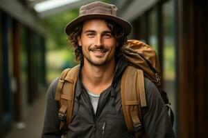 AI generated Young man in hat and backpack excitedly pointing and gesturing, summer landscape image photo