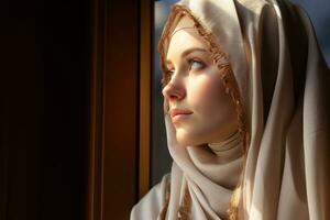 ai generado un conmovedor momento como alguien reza mientras mirando fuera de un ventana, eid y Ramadán imágenes foto