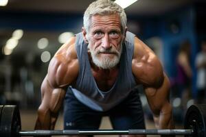 AI generated Senior man embracing gym workout, diverse active seniors pictures photo