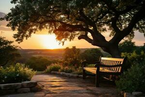 AI generated Hillside bench embraced by twilight, sunrise and sunset wallpaper photo