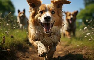 ai generado energético marrón perro teniendo divertido en verde césped, mascota foto