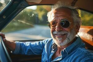 ai generado un más viejo hombre con un sonrisa unidades vistiendo Gafas de sol y un azul camisa, activo personas mayores estilo de vida imágenes foto