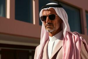 AI generated Arab man in cultural attire posing in front of an apartment complex, eid and ramadan images photo