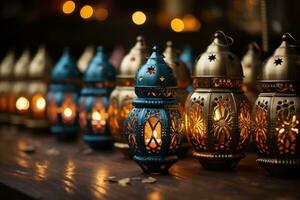 AI generated A mosque adorned with beautifully arranged fanoos lanterns evoking a celebratory mood, eid and ramadan images photo