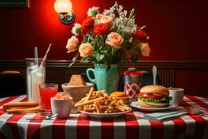 AI generated Nostalgic diner flowers blossoming on a retro table, engagement, wedding and anniversary image photo