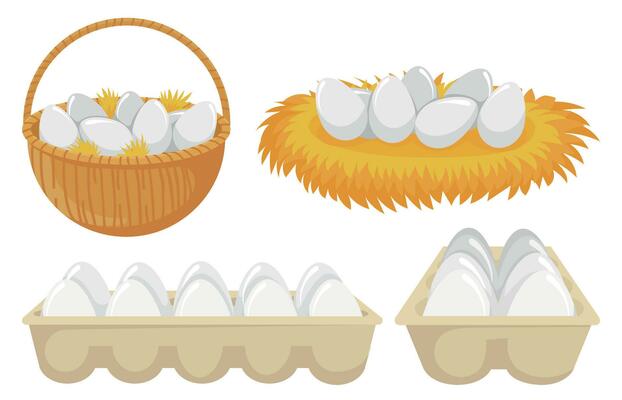 Eggs in nest and basket. Tray of chickens eggs. Open cardboard paper package with organic and natural products