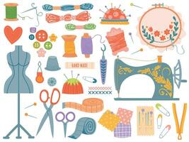 Needlework tools. Various sewing tool and supplies, sewing machine. Buttons, spools and threads, needles, scissors. Dressmaking vector set