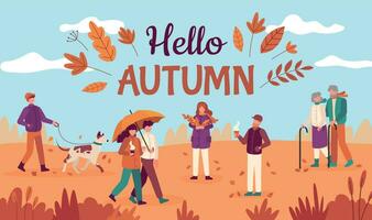 Hello autumn. Happy people walk in public park, red yellow trees and falling leaves, healthy lifestyle in fall season vector background