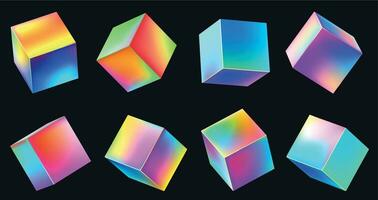 Holographic realistic 3D metal cube set. Neon color geometric element in different positions. Square with gradient vector