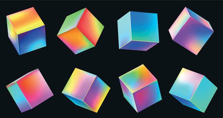 Holographic realistic 3D metal cube set. Neon color geometric element in different positions. Square with gradient