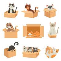 Cats in boxes. Cute stickers with cat sitting, sleeping and playing in cardboard box. Funny hiding kittens. Adopt homeless pet, vector set