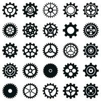 Gears. Transmission cog wheels and machine gearings, technical mecanisme, engineering motor, app button black silhouette icons, vector set