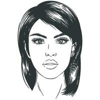 Sketch woman face. Sexy beautiful brunette girl portrait with eyes, young female adored head monochrome, vector illustration pop-art