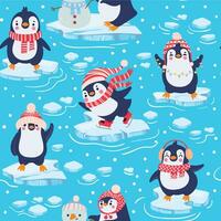 Penguins seamless pattern. Cute baby penguins in winter clothing and hats, christmas arctic animal, kids textile or wallpaper vector texture
