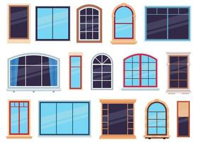 Window frames. Exterior view various wooden and detailed plastic windows, casement frames on house wall architecture design flat vector set