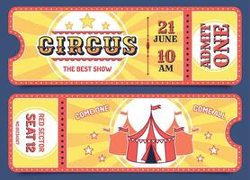 circo Entradas. Entrada boleto plantillas con muestra texto, invitación cupón para atracciones, carnaval eventos, magia espectáculo retro vector conjunto