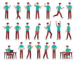 Cartoon man in casual outfit. Young male character in different poses. Student with various gestures, face expression vector set