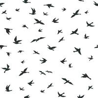 Flying bird seamless pattern. Drawing birds flock flying, abstract aerial black silhouettes in sky, print textile, wallpaper vector texture