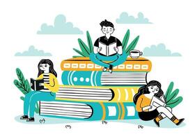 Reading on pile of books. Happy students sit on big book stack, read and learn. Books festival poster for bookstore, library vector concept