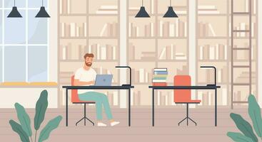 Man in library. Young man in public library interior with bookshelves, desks and laptop, bibliophile reads books flat vector concept