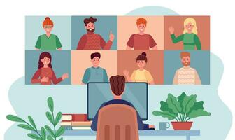 Virtual meeting. Man chatting with group people, online meetings remote working during coronavirus, internet webinar flat vector concept