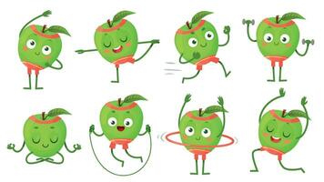 dibujos animados manzana personaje aptitud física, haciendo gimnasia. Fruta correr, haciendo ejercicios con mancuernas, meditando vector