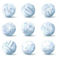 Snowballs. Round snow and ice pieces, realistic white snowball 3d vector isolated set for childrens winter leisure game