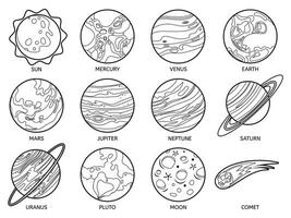 Planets for color book. Solar system earth, sun and neptune, jupiter and pluto, venus and mars, saturn and moon, uranus and comet vector set