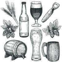 Hand drawn beer. Sketch beer glasses, mugs and barrel, bottle. Hops, malt and barley, objects for pub menu drinks engraving vector set