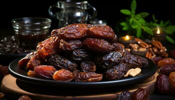 AI generated Romantic dates arranged in a visually appealing composition on a dark surface, eid and ramadan images photo